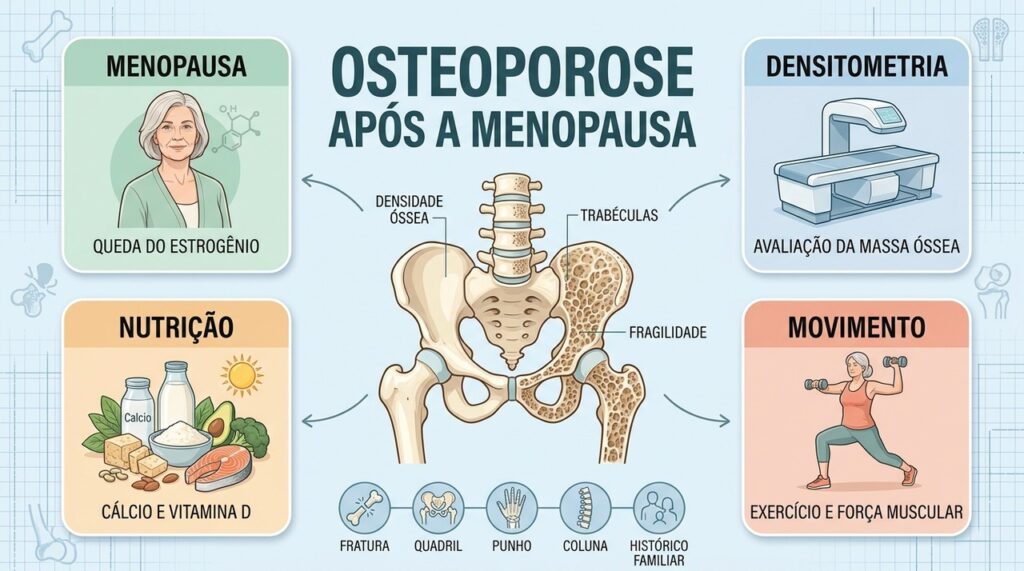 Menopausa, densitometria, nutrição e exercício formam pilares para proteger a saúde óssea.