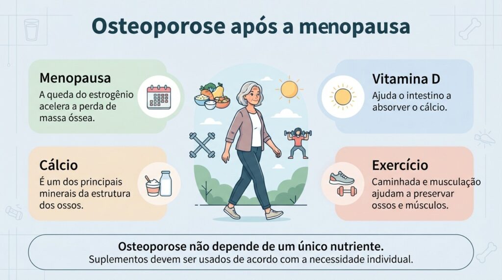 Depois da menopausa, a perda óssea envolve hormônios, nutrientes, envelhecimento, atividade física e outros fatores de risco.