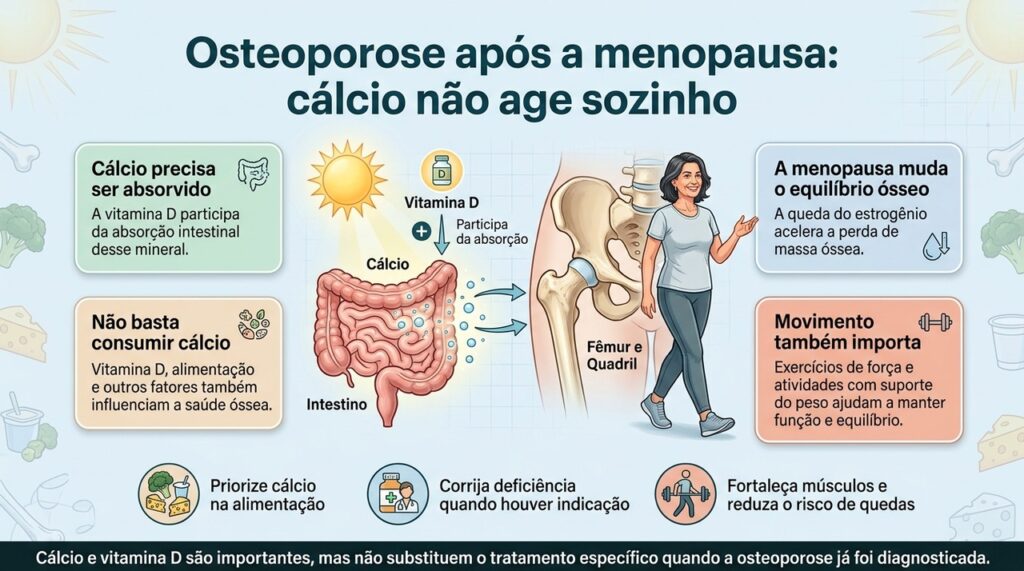 Após a menopausa, a proteção dos ossos depende da combinação entre cálcio, vitamina D, exercício e avaliação individual do risco.