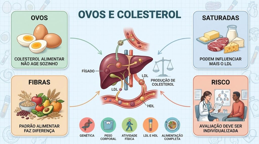Ovos, gorduras saturadas, fibras e fatores individuais influenciam o colesterol de formas diferentes.