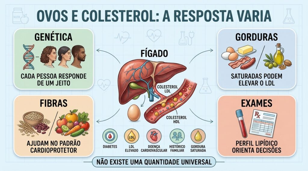 Genética, gorduras, fibras e perfil lipídico modificam a resposta ao consumo de ovos.