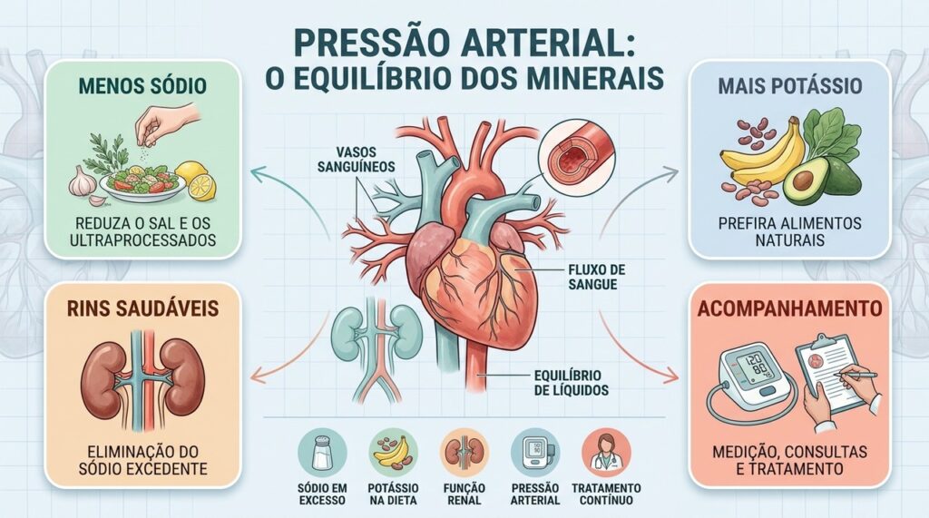 Reduzir ultraprocessados, priorizar alimentos ricos em potássio e acompanhar a pressão favorece o cuidado cardiovascular.