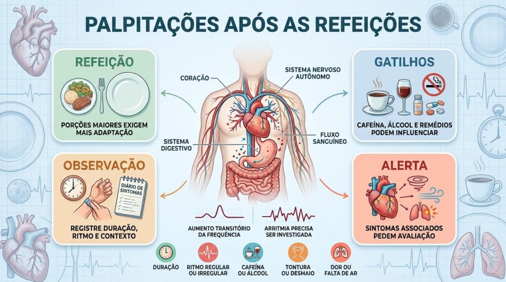 Refeição, gatilhos, padrão das palpitações e sinais de alerta orientam a investigação.