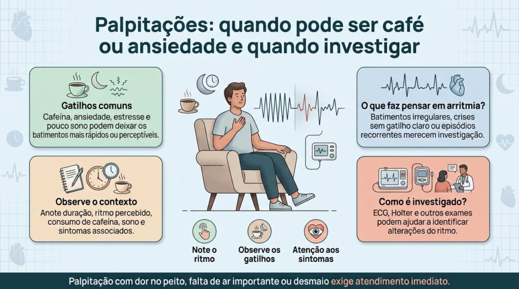 Palpitações podem ter causas passageiras, mas recorrência, irregularidade e sintomas associados ajudam a definir quando investigar.