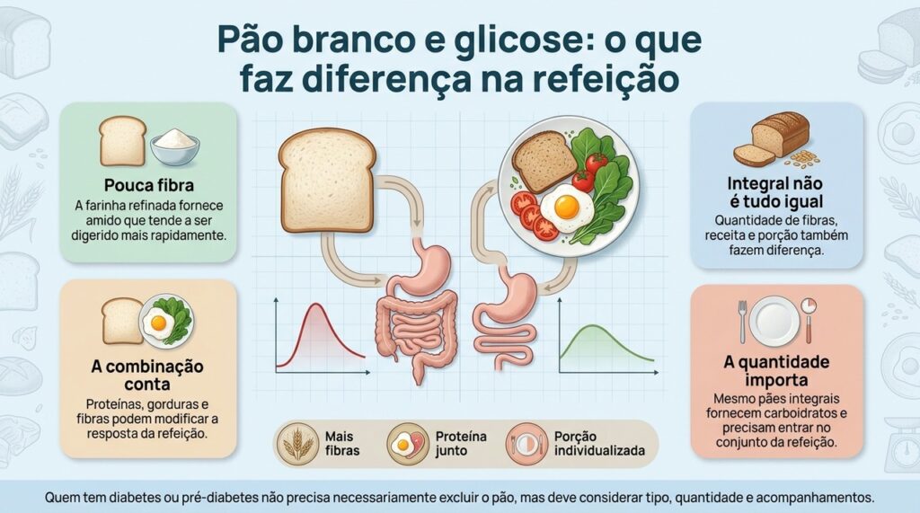 Tipo de pão, quantidade e composição da refeição influenciam quanto e quão rápido a glicose pode subir.