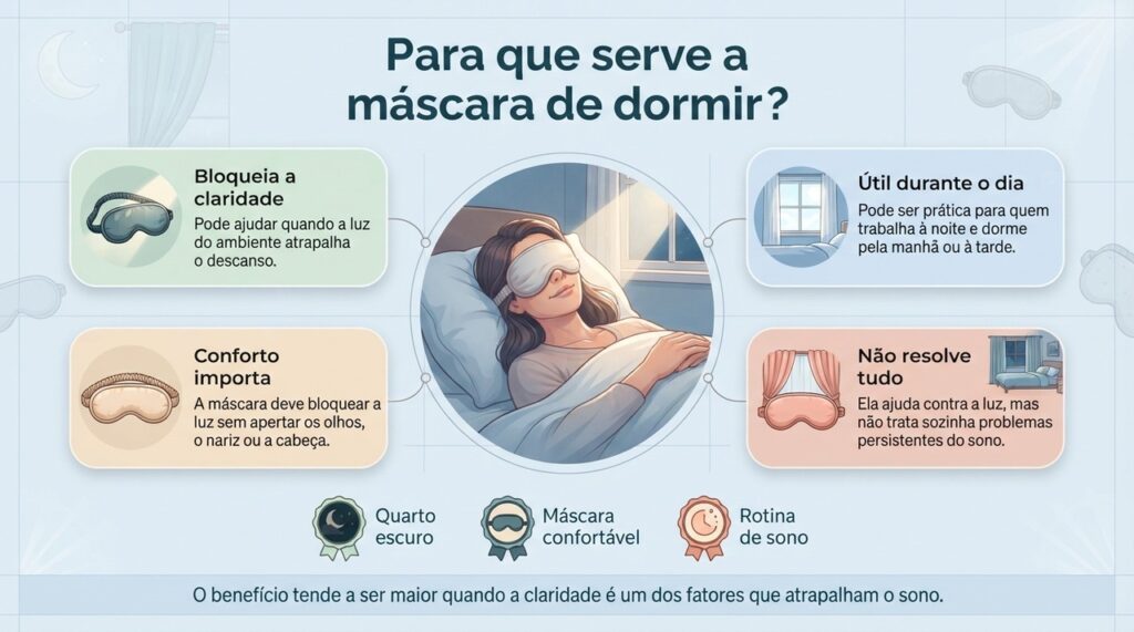 A máscara de dormir funciona principalmente como uma barreira contra a luz e pode complementar outras medidas de higiene do sono.