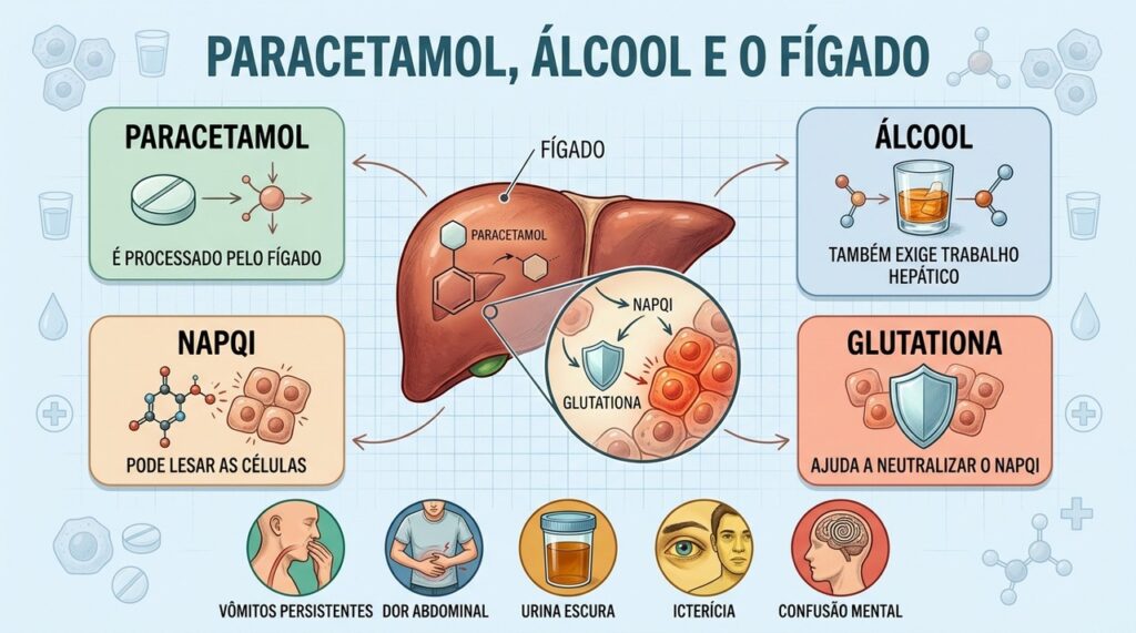 Álcool, paracetamol, NAPQI e glutationa participam do metabolismo que sobrecarrega o fígado.