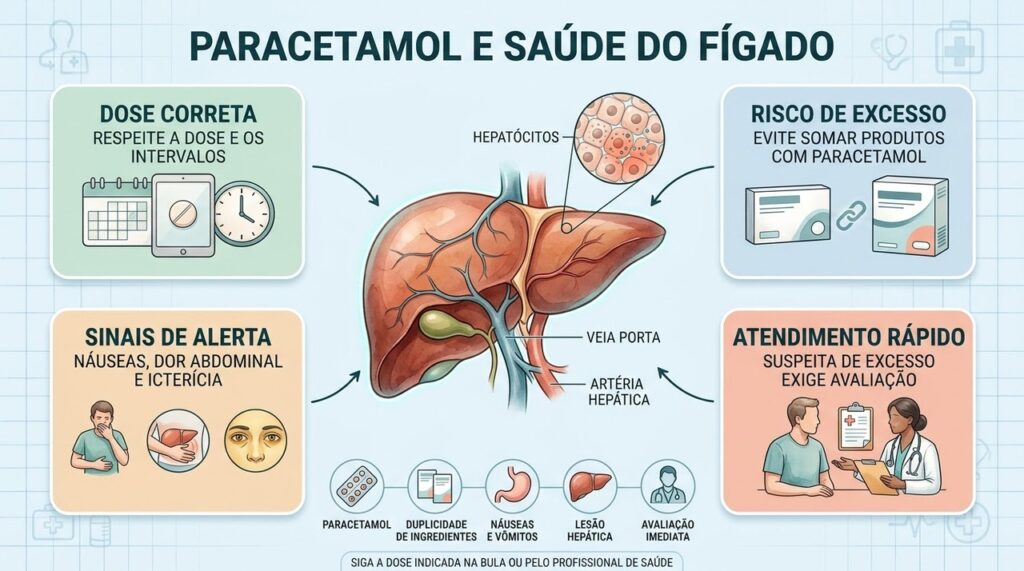 Doses excessivas, ingredientes duplicados e sinais de intoxicação exigem atenção rápida para proteger o fígado.