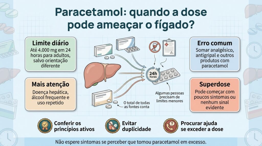 O risco de lesão hepática aumenta quando a dose total de paracetamol em 24 horas ultrapassa o recomendado.