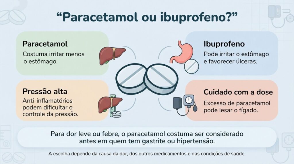 Paracetamol e ibuprofeno têm riscos diferentes, e gastrite ou hipertensão podem influenciar a escolha.