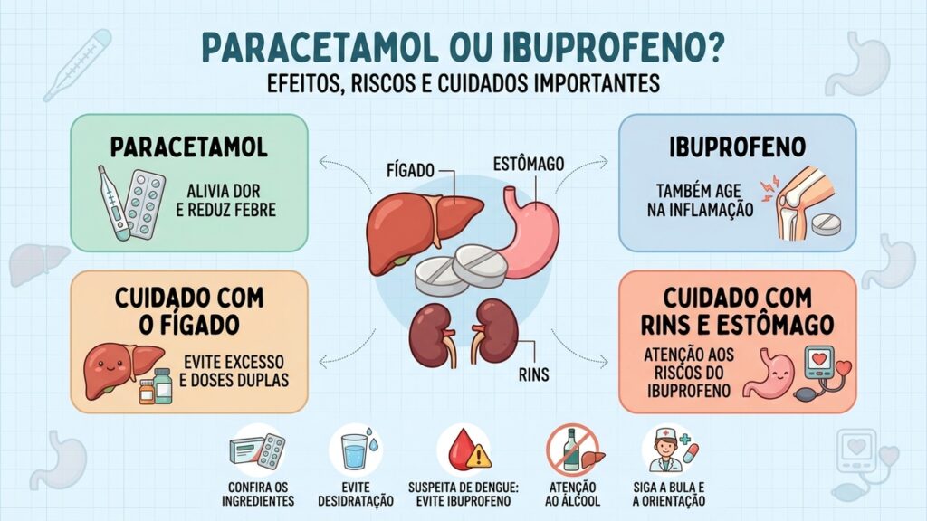 Compare os efeitos dos analgésicos, evite doses duplicadas e considere os riscos de fígado, estômago, rins e dengue.