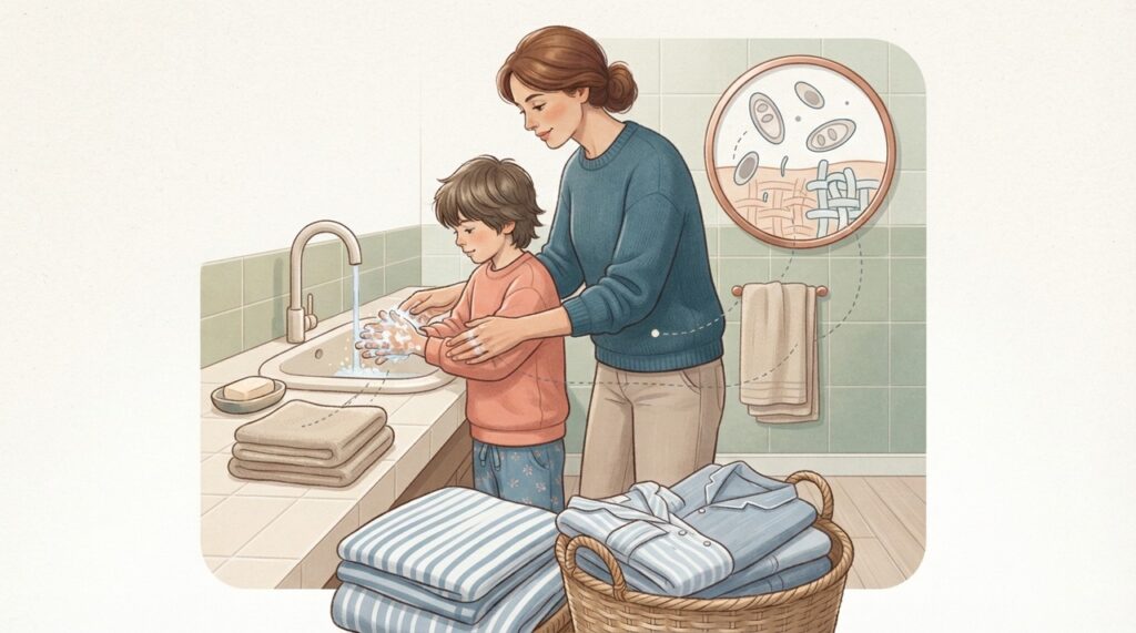 Higiene das mãos, unhas, roupas e roupas de cama ajuda a reduzir a transmissão e a reinfecção por oxiúros.