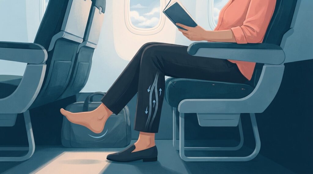 Em viagens longas, levantar-se e movimentar as pernas regularmente pode ajudar a reduzir períodos prolongados de imobilidade.