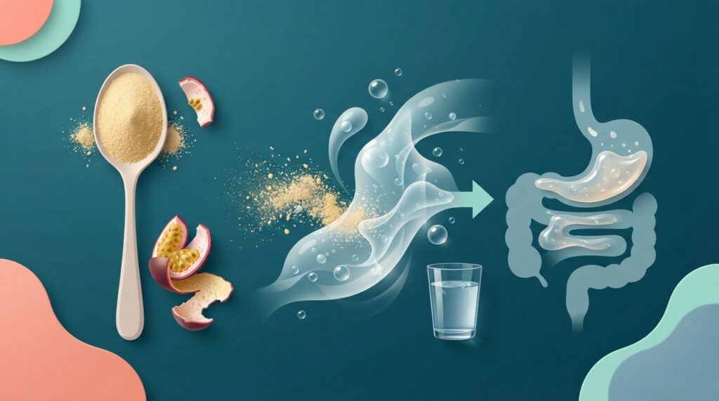 A pectina pode absorver água e formar uma mistura viscosa, uma característica relacionada à saciedade e ao funcionamento intestinal.
