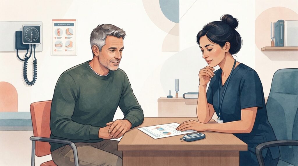 Clínico e endocrinologista podem participar do cuidado, dependendo da complexidade do diabetes e das complicações presentes.