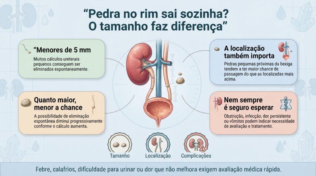 O tamanho ajuda a estimar a chance de saída espontânea, mas localização, obstrução, dor e sinais de infecção também definem a conduta.