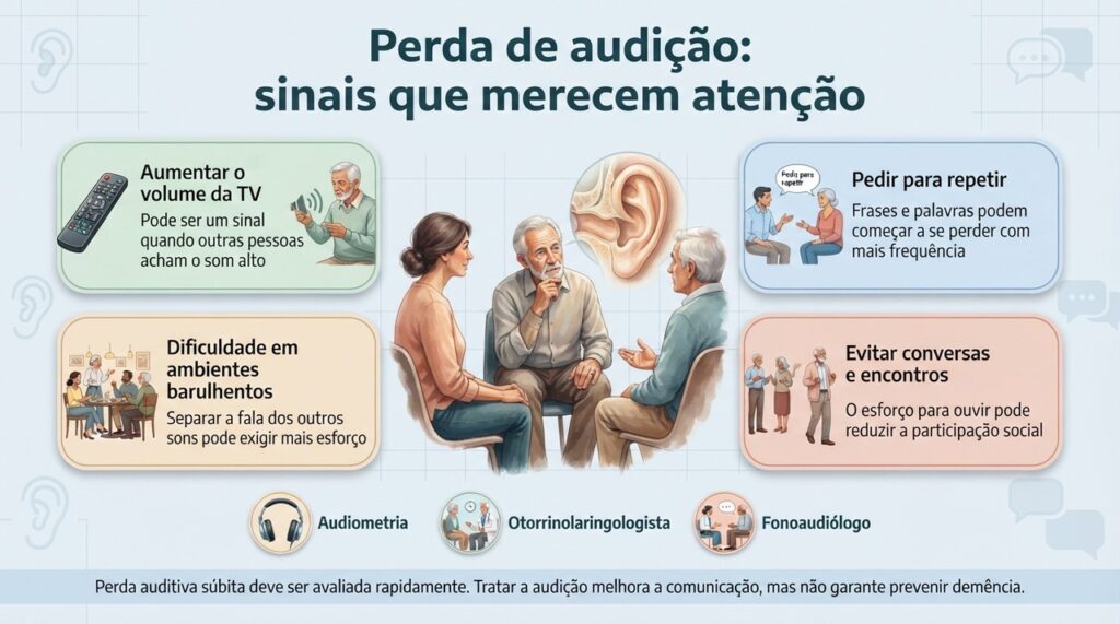 Aumentar a TV, pedir repetições e evitar conversas por dificuldade para ouvir são sinais que merecem avaliação.