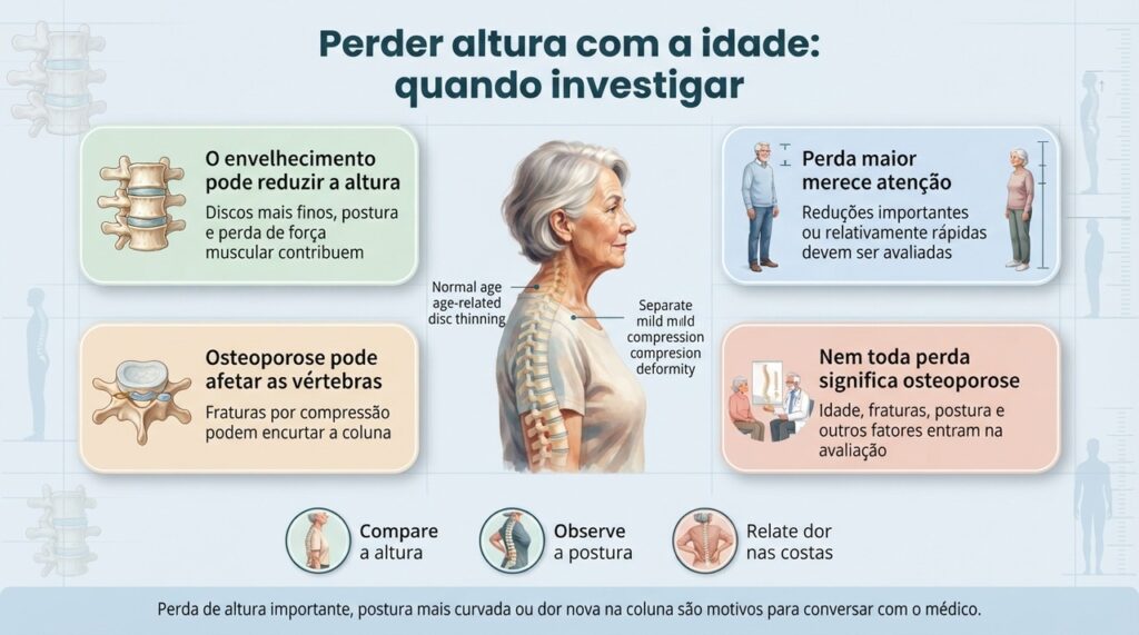 Uma pequena redução da estatura pode ocorrer com a idade, mas perdas mais marcantes podem justificar investigação da saúde óssea.