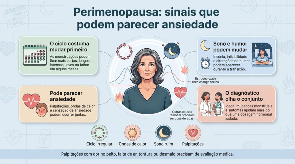 A combinação de mudanças no ciclo com ondas de calor, sono ruim, irritabilidade ou palpitações pode levantar a suspeita de perimenopausa.