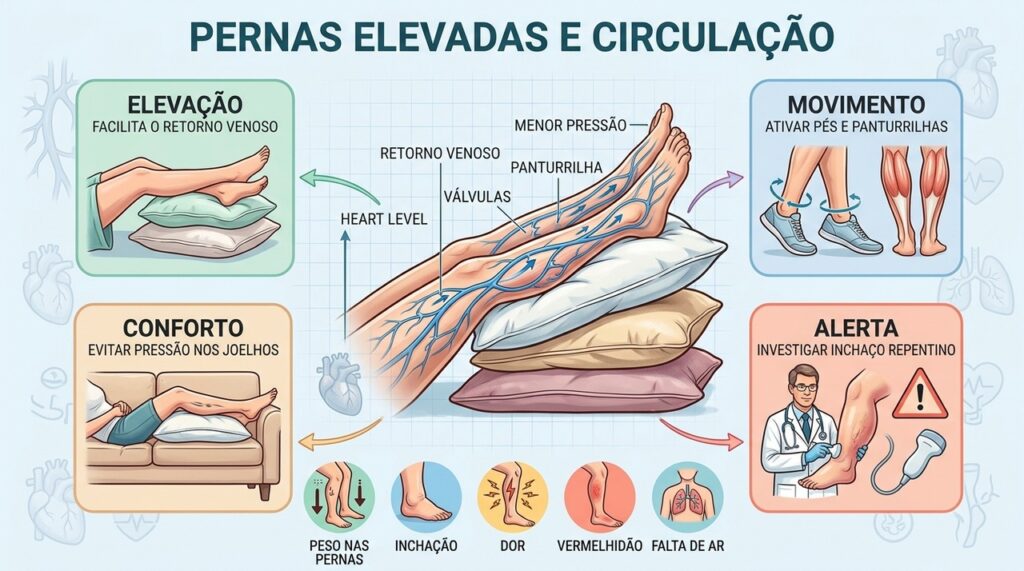 Elevação, movimento e sinais de alerta orientam o cuidado circulatório.