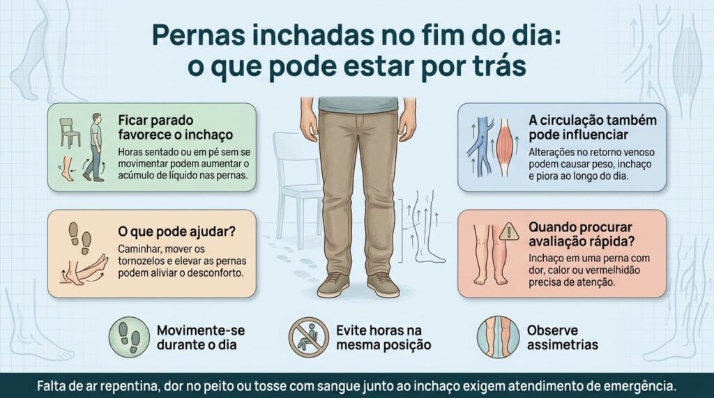 Inchaço nas pernas pode surgir após longos períodos parado, mas alterações persistentes ou assimétricas precisam ser investigadas.
