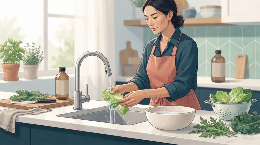 Para verduras consumidas cruas, o sanitizante deve ser próprio para alimentos e usado conforme as instruções do rótulo.