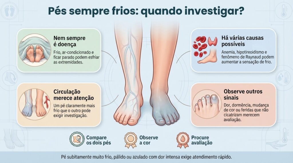 Pés frios persistentes merecem investigação quando aparecem junto com dor, alteração de cor, dormência ou diferença entre os lados.