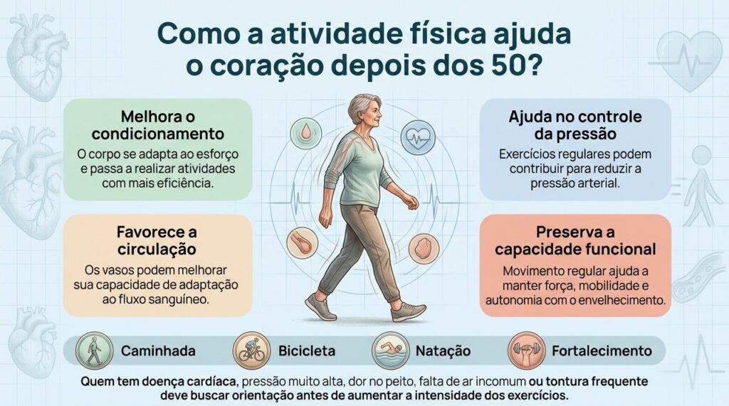 Caminhada, bicicleta, natação e fortalecimento podem contribuir para pressão, circulação e condicionamento quando praticados com regularidade.