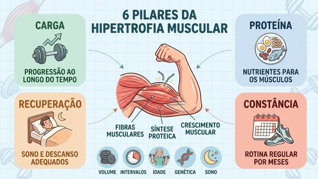 Carga, proteína, descanso e constância sustentam o crescimento muscular, respeitando idade e genética.