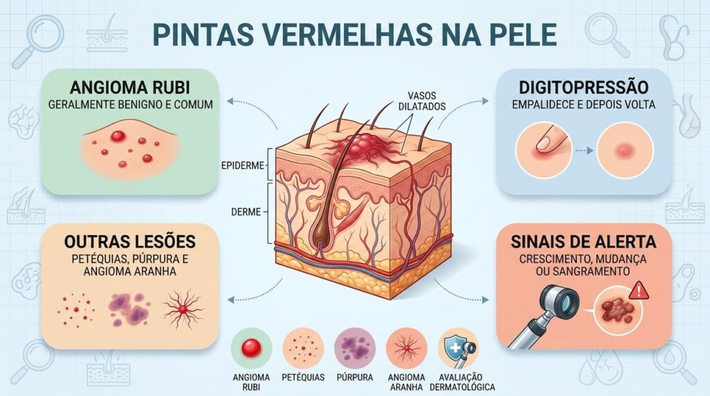 Pressão, aparência e evolução ajudam a diferenciar angiomas rubi de outras lesões.