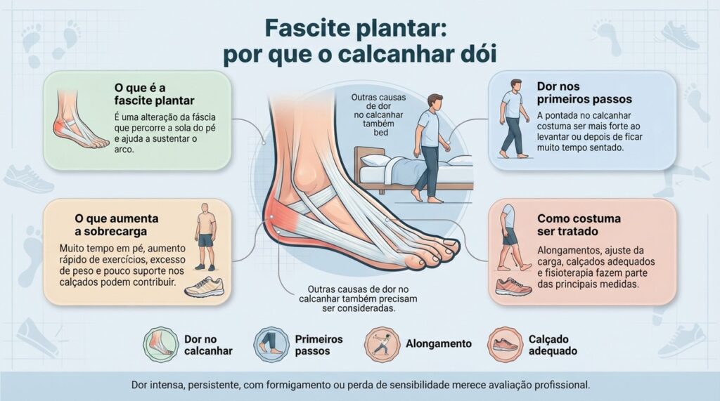 A fascite plantar costuma melhorar com medidas conservadoras, mas a recuperação pode exigir semanas ou meses de cuidados consistentes.
