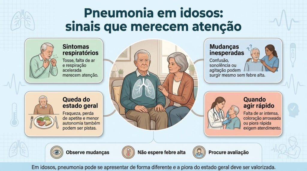 Em pessoas idosas, alterações no comportamento, na respiração e na disposição podem ser tão importantes quanto febre e tosse.