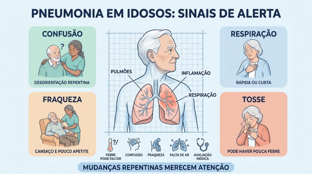 Confusão, fraqueza, falta de apetite, tosse e alterações respiratórias são sinais importantes de pneumonia em idosos.