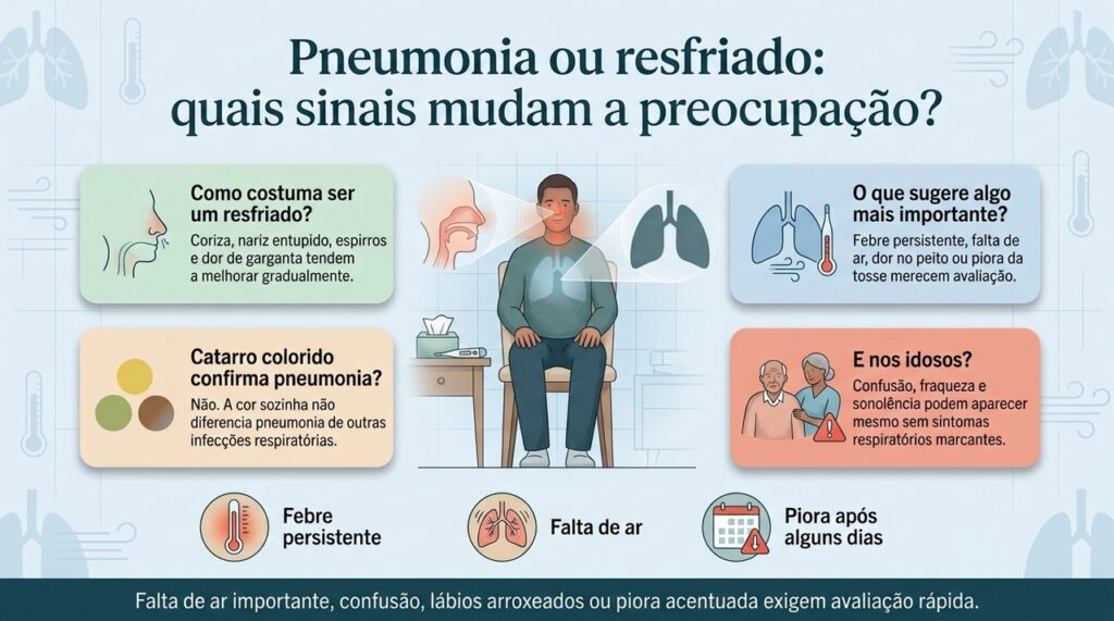 Pneumonia costuma preocupar mais quando sintomas respiratórios vêm com febre persistente, falta de ar ou piora do estado geral.