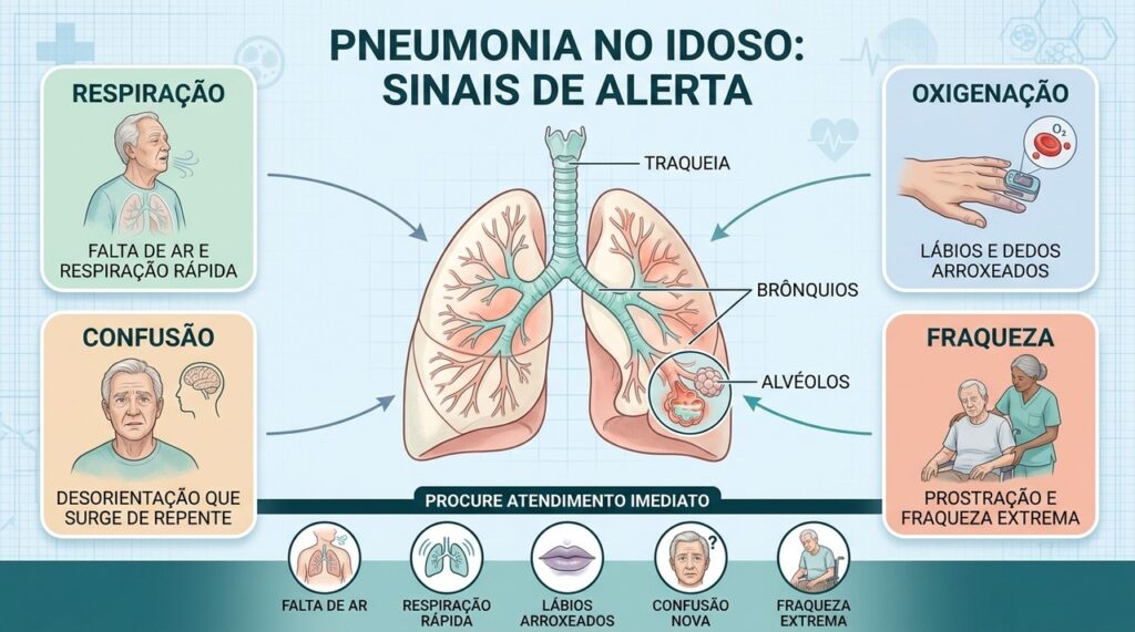 Respiração acelerada, baixa oxigenação e alterações mentais podem indicar agravamento da pneumonia em idosos.
