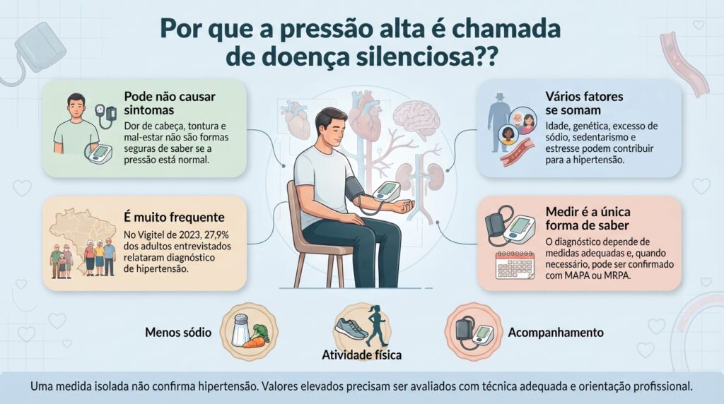 A hipertensão costuma não provocar sintomas e pode ser identificada apenas com a medição correta da pressão arterial.