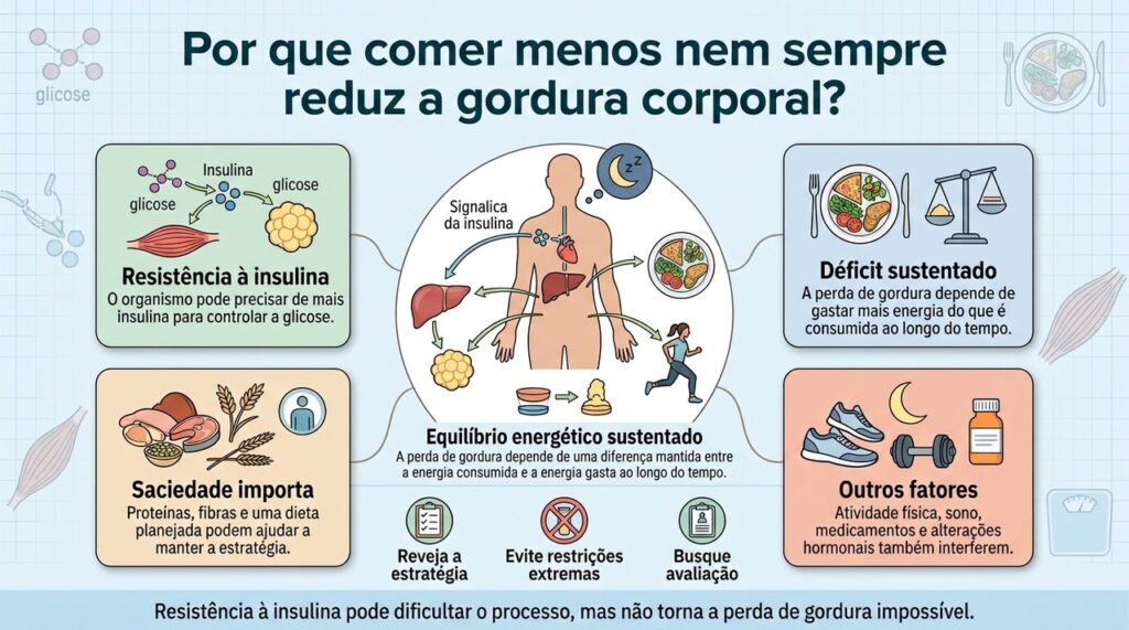 A resistência à insulina pode tornar o emagrecimento mais complexo, mas não impede a redução de gordura quando o plano é adequado e sustentável.