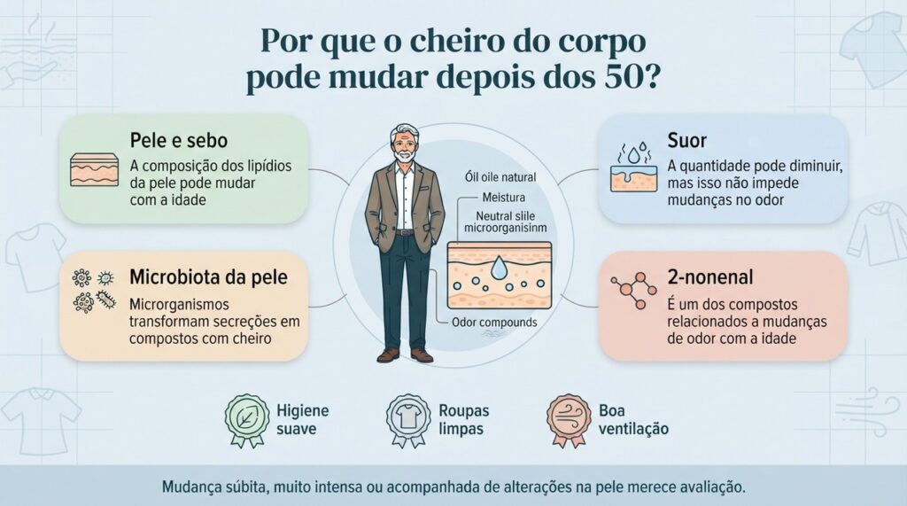 O odor corporal depois dos 50 resulta de vários fatores e não deve ser associado automaticamente à falta de higiene.