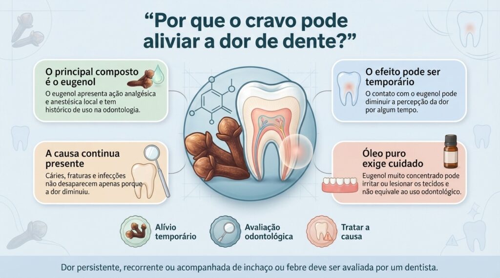 O eugenol ajuda a explicar o uso tradicional do cravo para dor de dente, mas o tratamento definitivo depende da causa do problema.