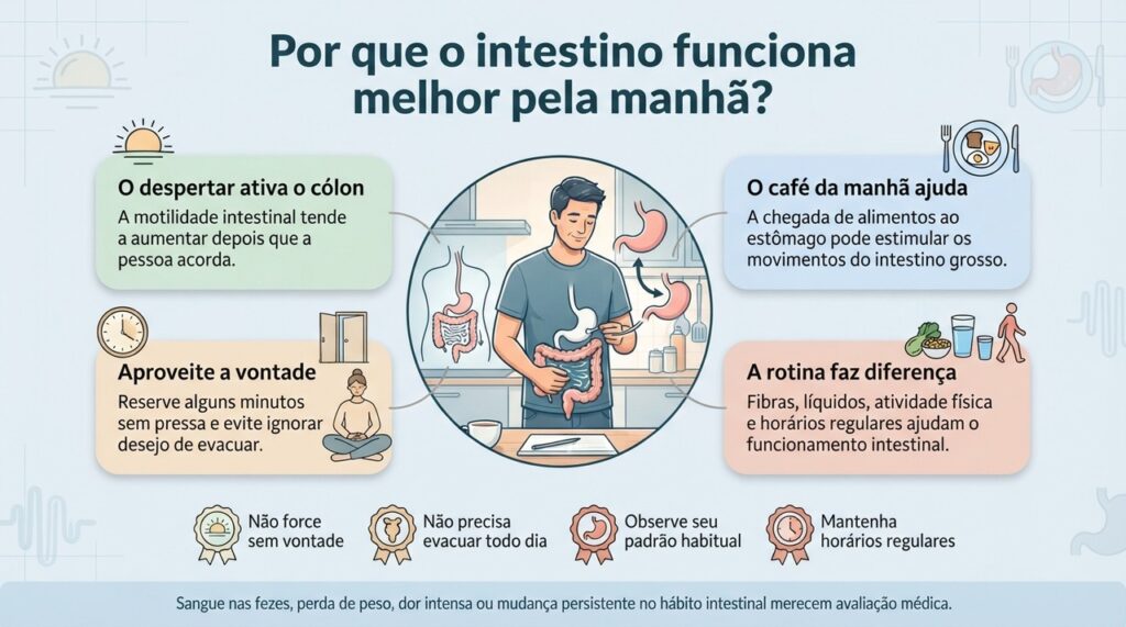 O despertar e as refeições ativam movimentos naturais do cólon que podem favorecer uma rotina intestinal mais previsível.