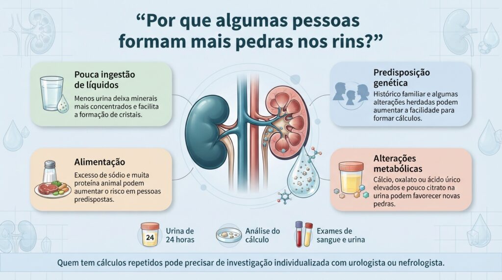 Cálculos renais podem resultar da combinação entre pouca hidratação, alimentação, predisposição genética e alterações metabólicas.