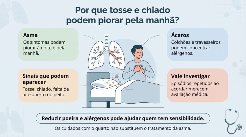 A piora de tosse e chiado pela manhã pode estar ligada ao padrão da asma e, em algumas pessoas, à exposição a alérgenos durante a noite.