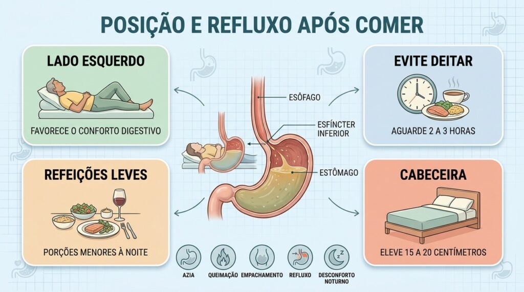 Refeições leves, espera antes de deitar e posição esquerda ajudam a reduzir o refluxo noturno.