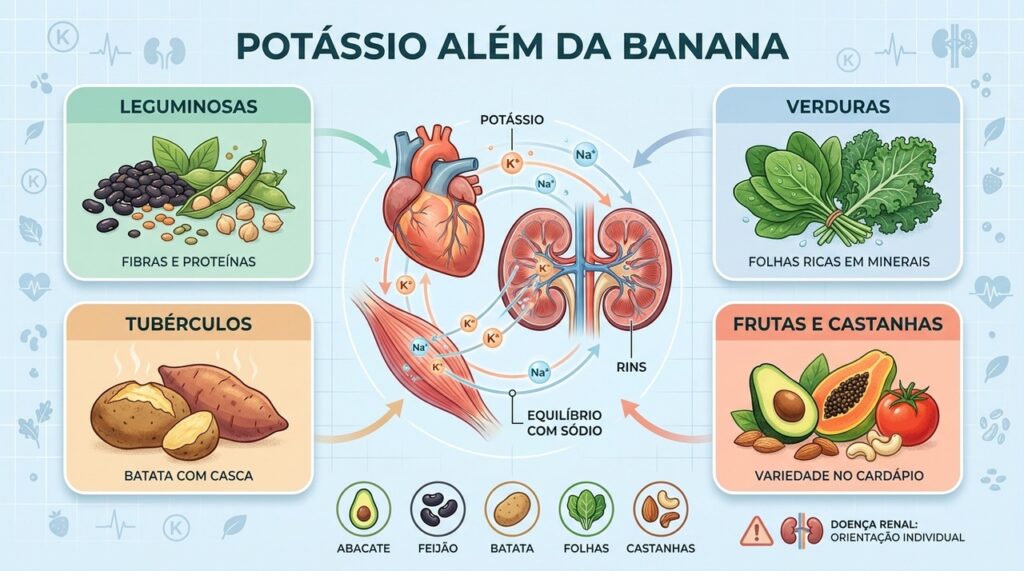 Potássio aparece em leguminosas, verduras, tubérculos, frutas e castanhas além da banana.