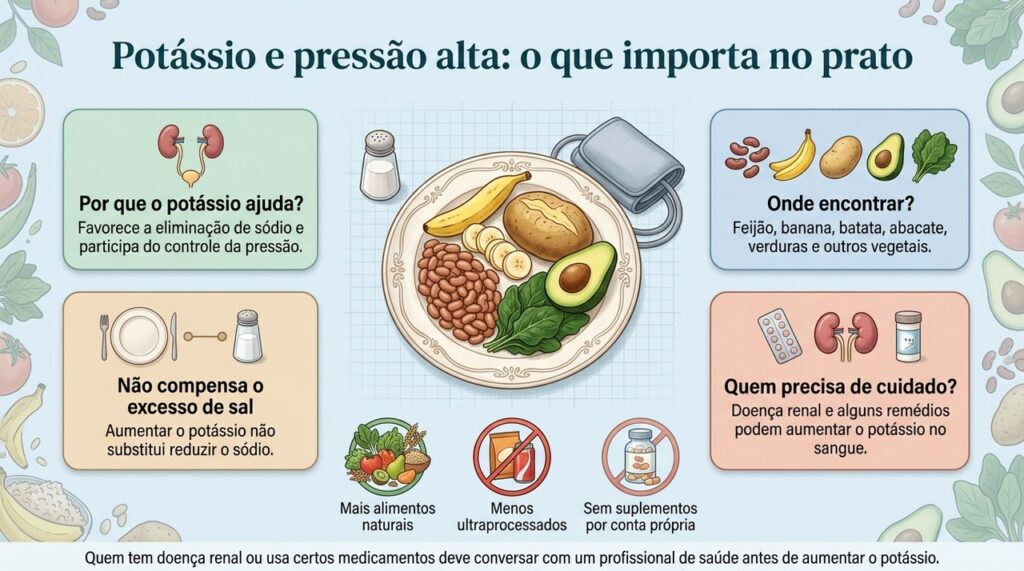 Aumentar alimentos ricos em potássio pode fazer parte do cuidado com a pressão, mas não substitui reduzir o sódio.
