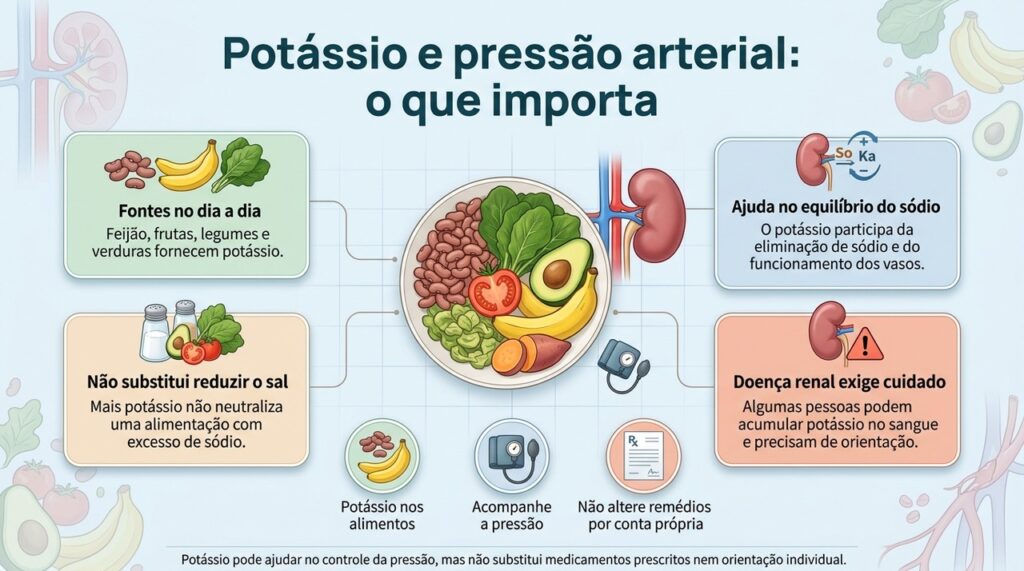 O potássio participa do controle da pressão, mas seu consumo deve considerar também sódio, função dos rins e tratamento médico.