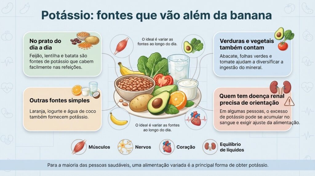 Variar frutas, verduras, leguminosas, tubérculos e laticínios ajuda a distribuir diferentes fontes de potássio ao longo do dia.