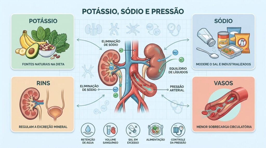 Rins, vasos, sódio e potássio atuam juntos no equilíbrio da pressão arterial.