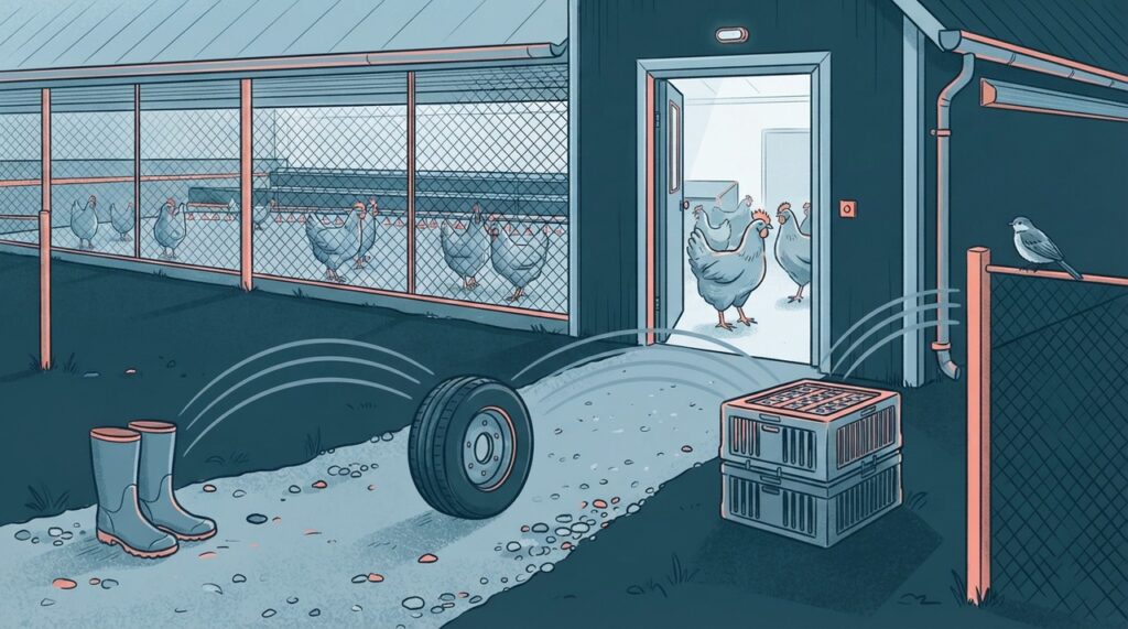 Roupas, veículos, equipamentos e aves silvestres podem contribuir para levar o vírus até uma criação.