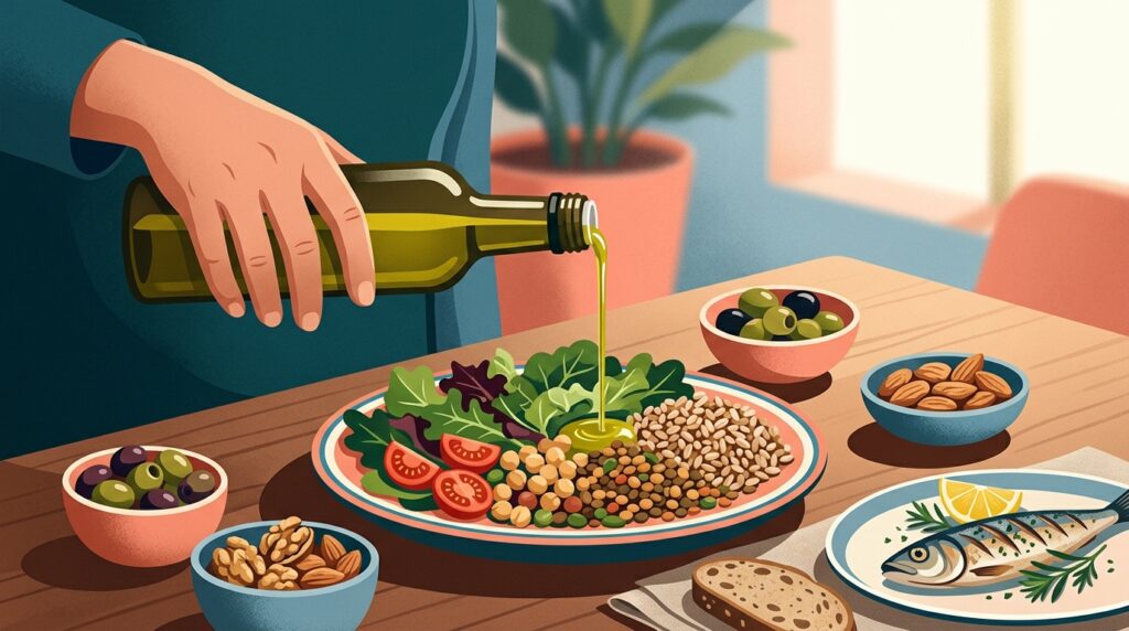 Na dieta mediterrânea, o azeite extravirgem atua junto de outros alimentos associados a uma alimentação equilibrada.